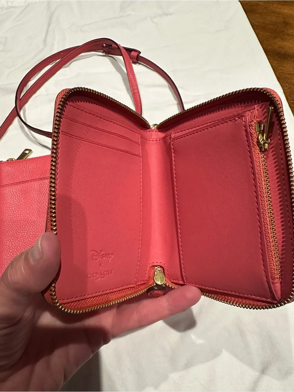 Coach Pink Mickey and Minnie  Leather Crossbody Bag and matching wallet.  New.